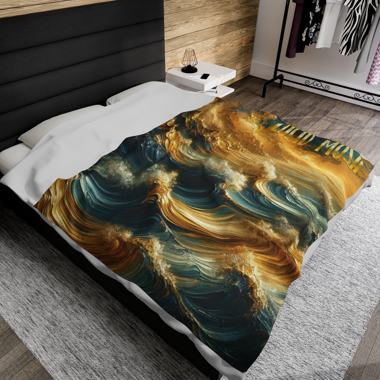 "Stormy Gold Ocean" Plush Velveteen Blanket by LUCID MOSh A Stroking Haven for Your Senses