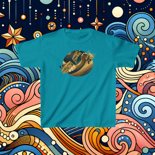 KID MOSh T-Shirt Outer Space Surfing and Galaxy Gold Waves by LUCID MOSh