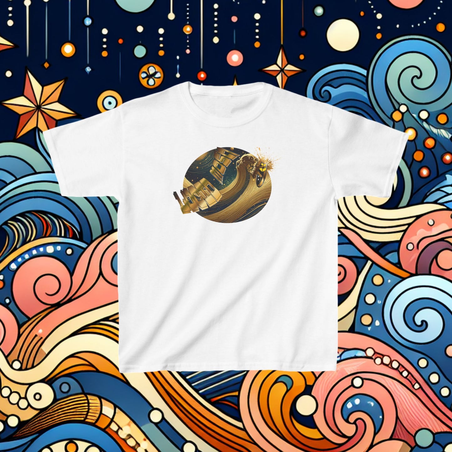 KID MOSh T-Shirt Outer Space Surfing and Galaxy Gold Waves by LUCID MOSh