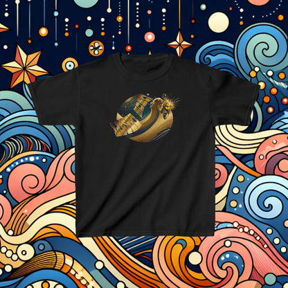 KID MOSh T-Shirt Outer Space Surfing and Galaxy Gold Waves by LUCID MOSh